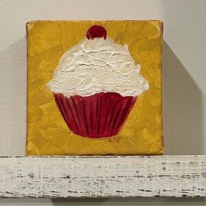 Hand painted Cupcake Canvas 3D Frosting mini art 4x4 Thick Chunky Frame Signed